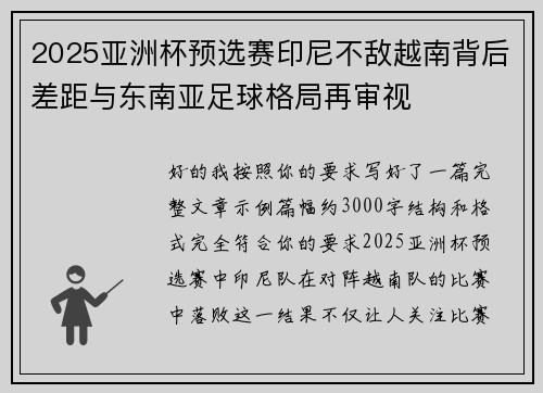 2025亚洲杯预选赛印尼不敌越南背后差距与东南亚足球格局再审视