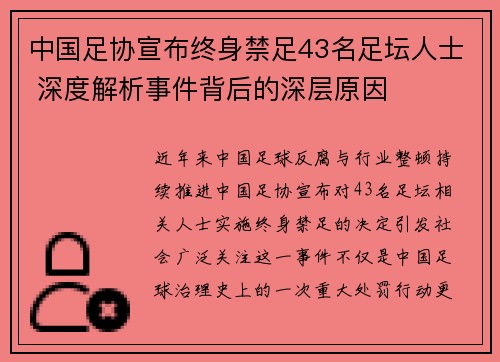 中国足协宣布终身禁足43名足坛人士 深度解析事件背后的深层原因